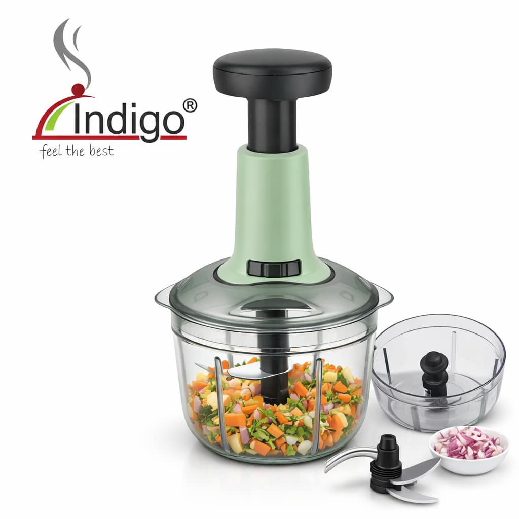 Indigo 650ml Manual Push Chopper | 3 Stainless Steel Blades Vegetable & Food Chopper