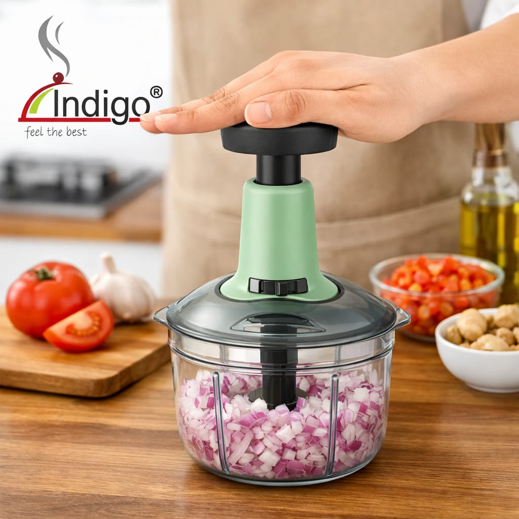 Indigo 650ml Manual Push Chopper | 3 Stainless Steel Blades Vegetable & Food Chopper - Image 2