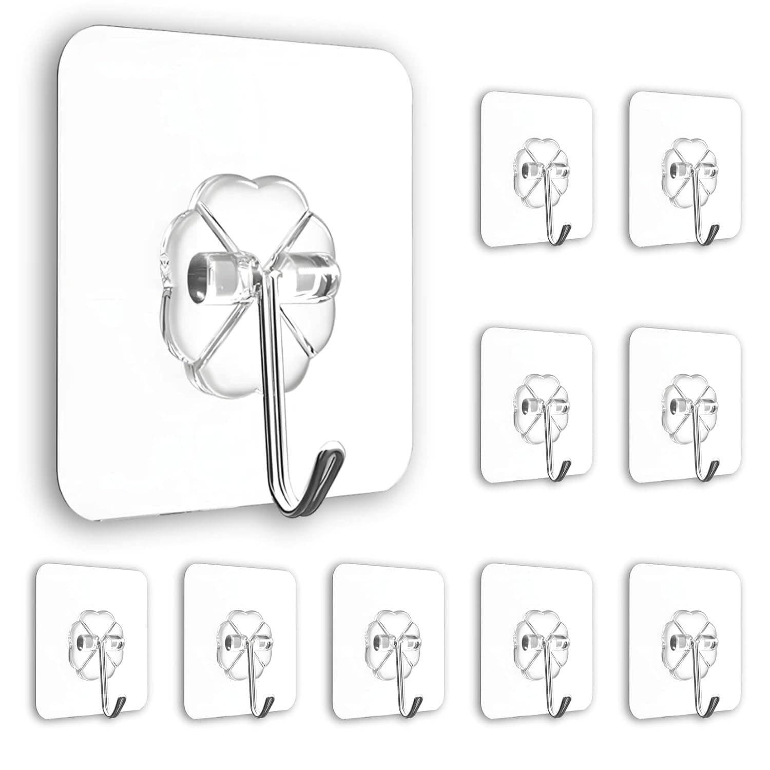 Pack of 10 Transparent Self Adhesive Wall Hooks | Heavy Duty Nail-Free Wall Hangers