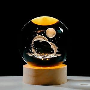 3D Glass Astronomy Night Lamp – LED Solar System Moon Light with Base (Dolphin Design)