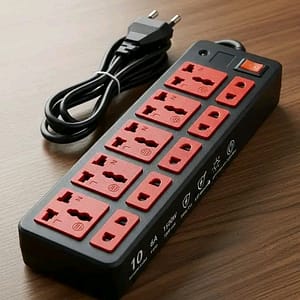 10-Socket Extension Board with Safety Fuse, LED Indicator & 2 Meter Pure Copper Wire – 6A Multi-Socket Power Strip