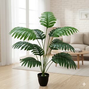 Natural Looking 12 Leaves Areca Palm Artificial Plant with Pot for Home, Shop & Office Decor (62 cm, Green)