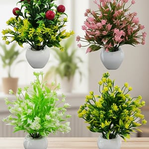Set of 4 Multi Design Artificial Table Flower Plants for Home & Office Decor (Multicolour)
