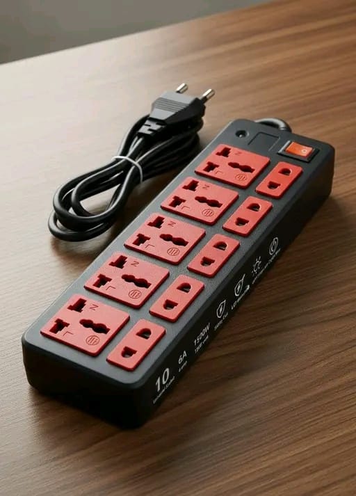 10-Socket Extension Board with Safety Fuse, LED Indicator & 2 Meter Pure Copper Wire – 6A Multi-Socket Power Strip
