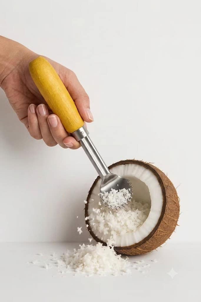 Wooden Handle Coconut Scraper | Stainless Steel Manual Coconut Grater for Kitchen
